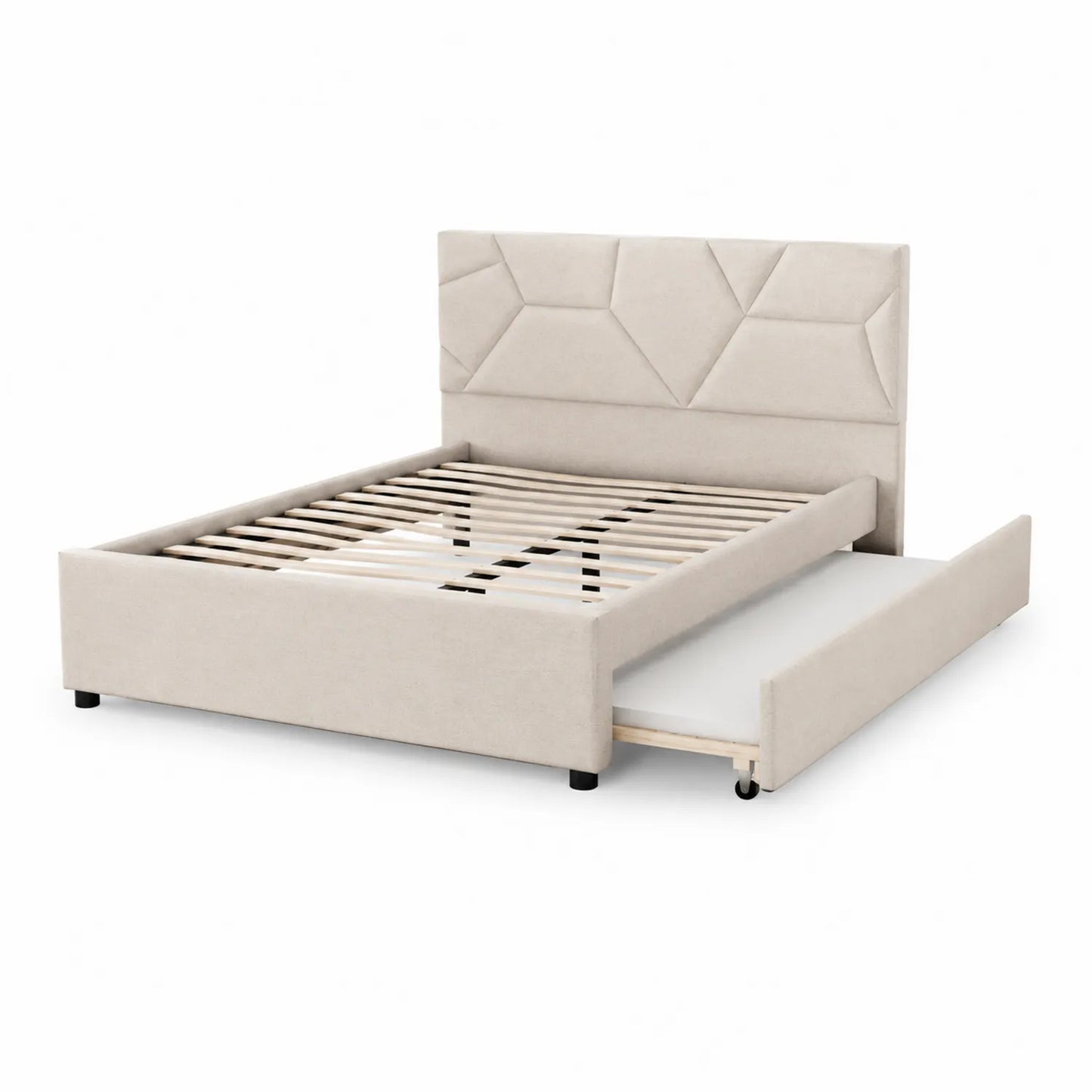 Cama de tela beige con cabecero geométrico y cajón de almacenamiento 160x200 cm