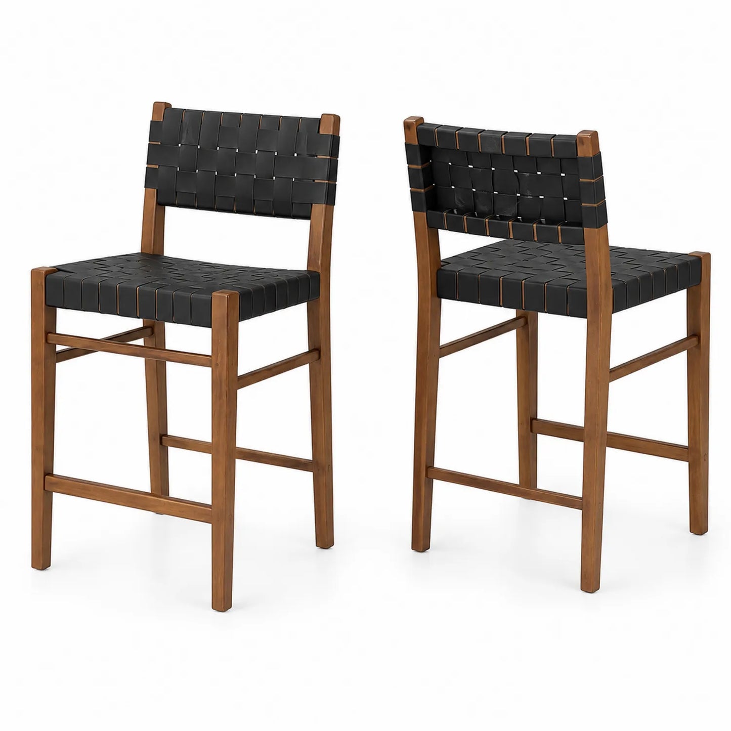 Taburetes de bar de madera con asiento de cuero sintético negro
