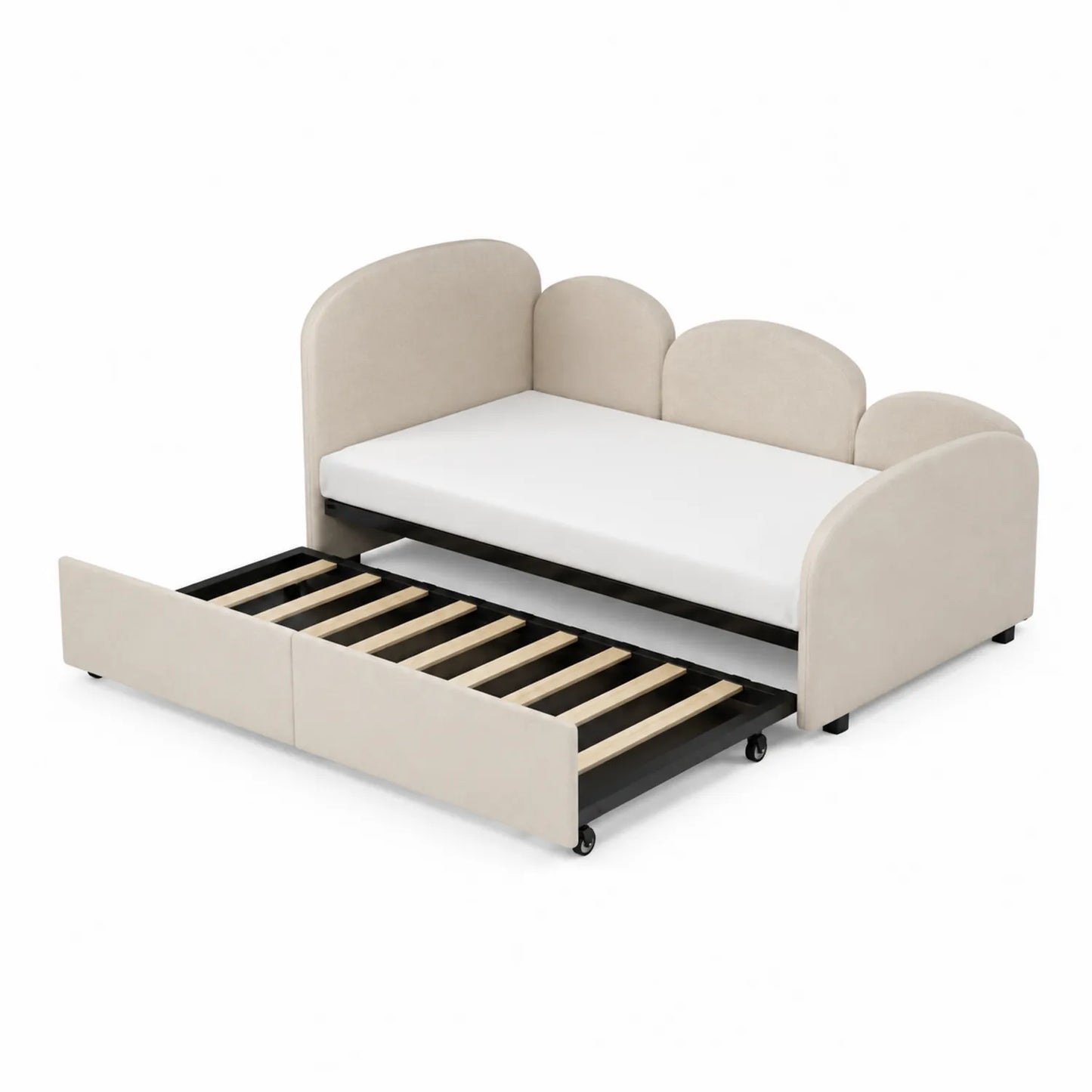 Cama infantil nido tapizada en beige con estructura de madera 190x90 cm