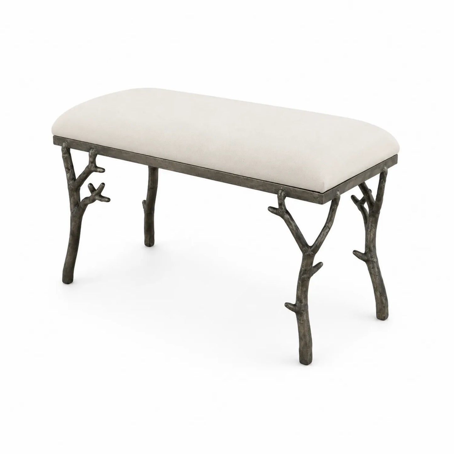 Banco con asiento de tela beige y patas de aluminio en forma de rama