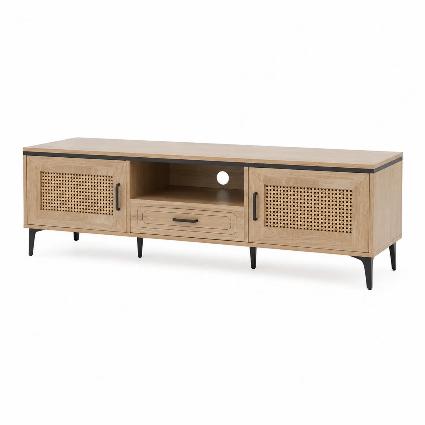 Mueble de TV de madera y mimbre con patas de metal 150x40x50 cm