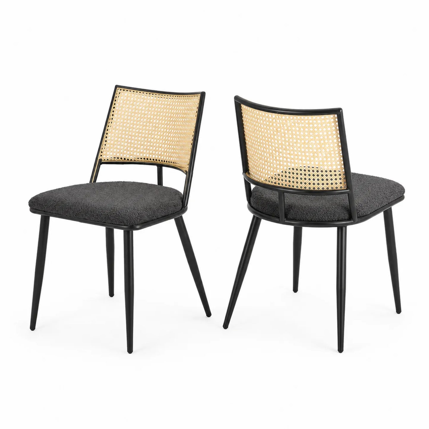 Sillas de Comedor con Respaldo de Ratán y Asiento de Tela Negra