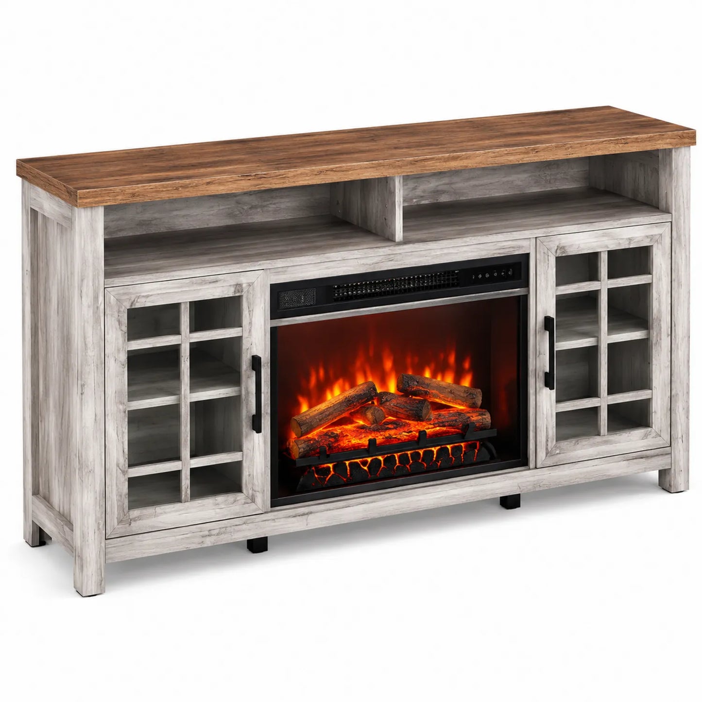 Mueble de TV con Chimenea Eléctrica y Puertas de Vidrio Templado