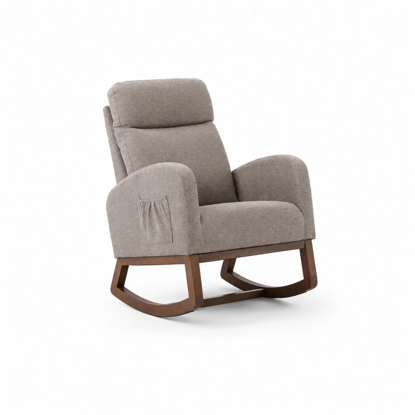 Sillón mecedor de madera con tela gris