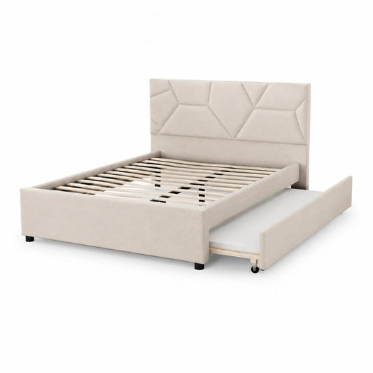 Cama de tela beige con cabecero geométrico y cajón de almacenamiento 160x200 cm