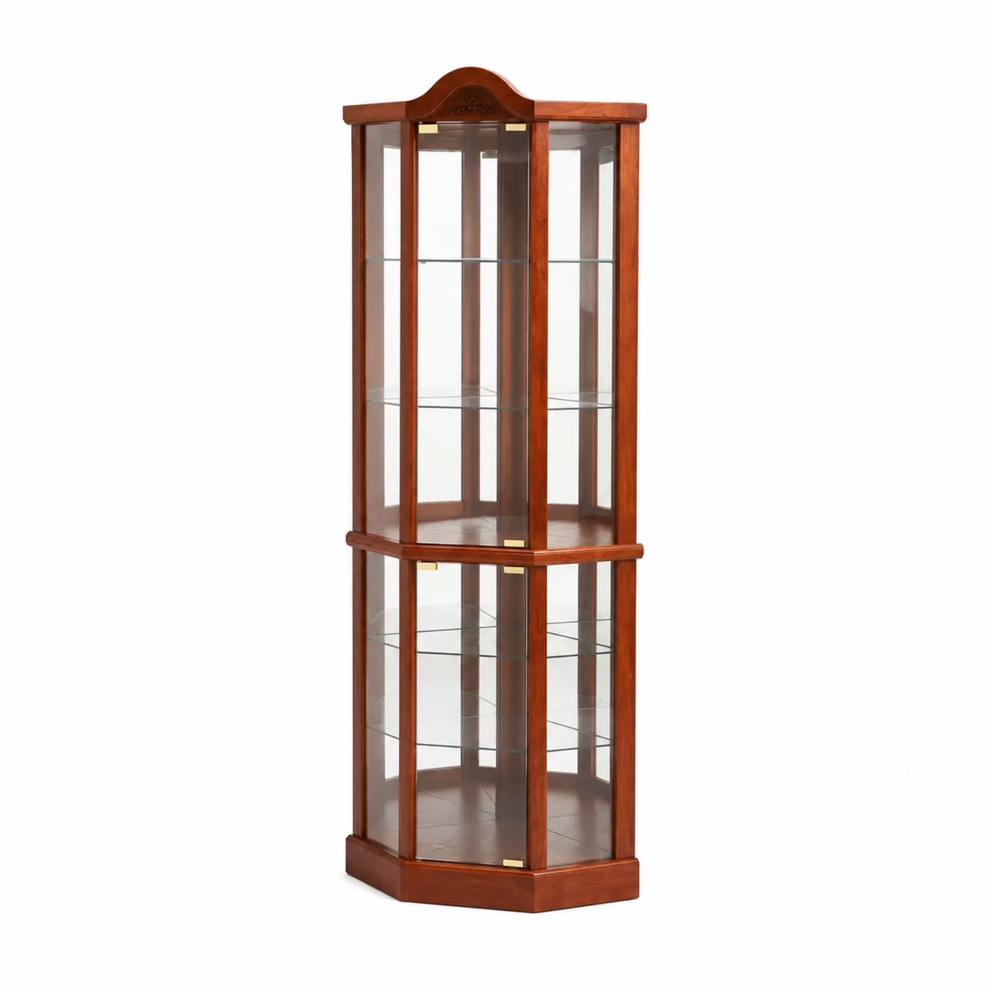 Vitrina esquinera de madera con estantes de vidrio templado