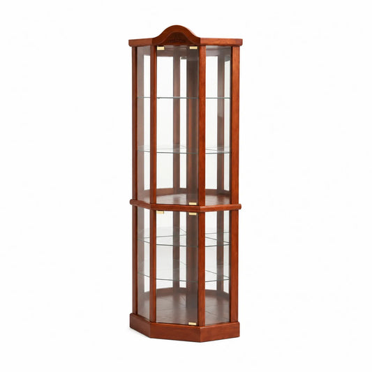 Vitrina esquinera de madera con estantes de vidrio templado