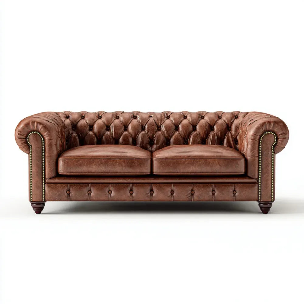 Chesterfield Sofa Set - Leather Upholstery 220x90x75 cm - Brown - Classic Design