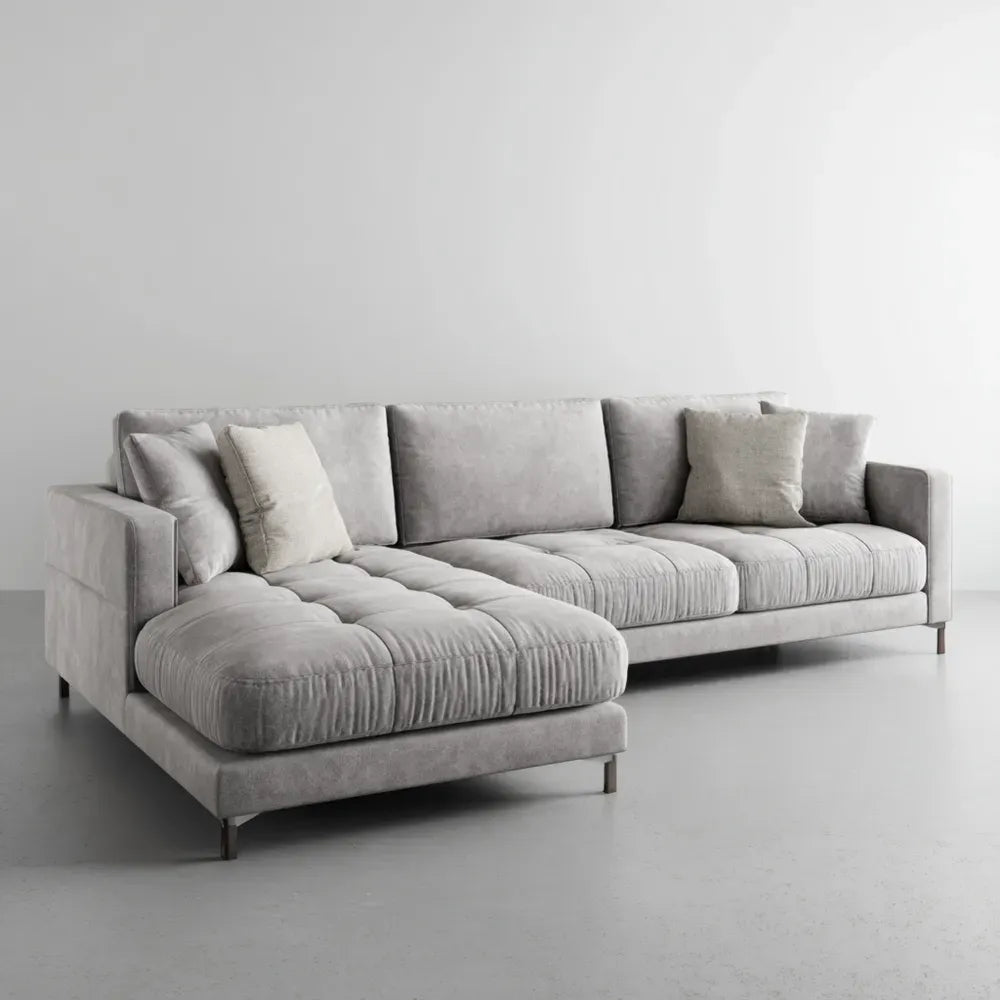 Sectional Sofa Velvet Upholstery 300x150x85 cm - Light Gray - Contemporary Design