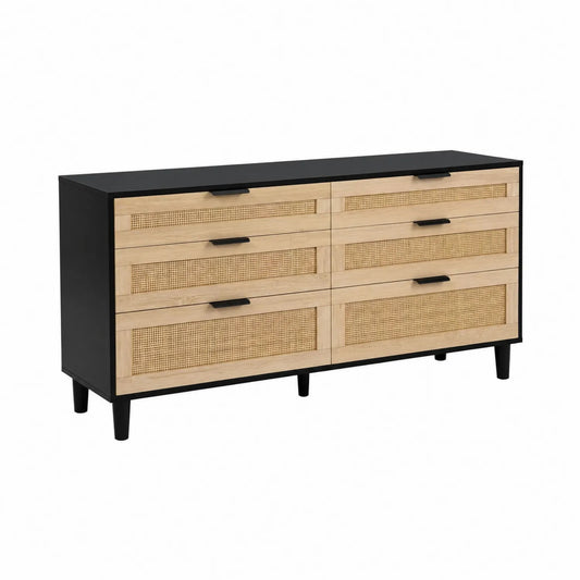 Cajonera de Madera y Ratán con 6 Cajones Negro y Natural 120x40x80 cm