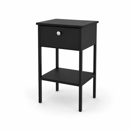 Mesita de noche negra de MDF y metal con cajón