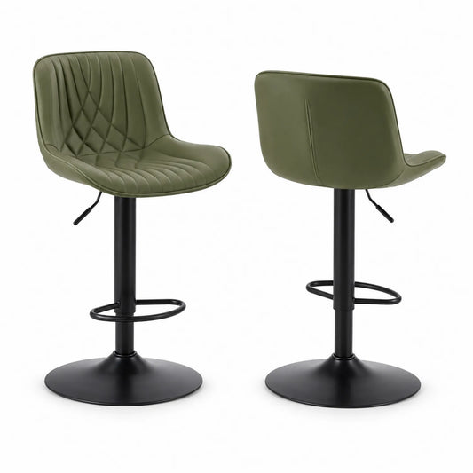 Taburete de bar con piel sintética verde y base de metal negra