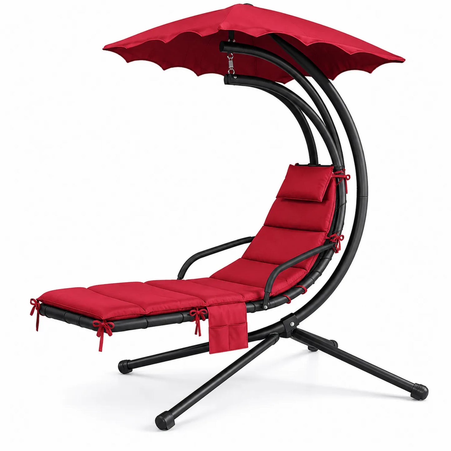 Tumbona metálica roja con parasol curvo