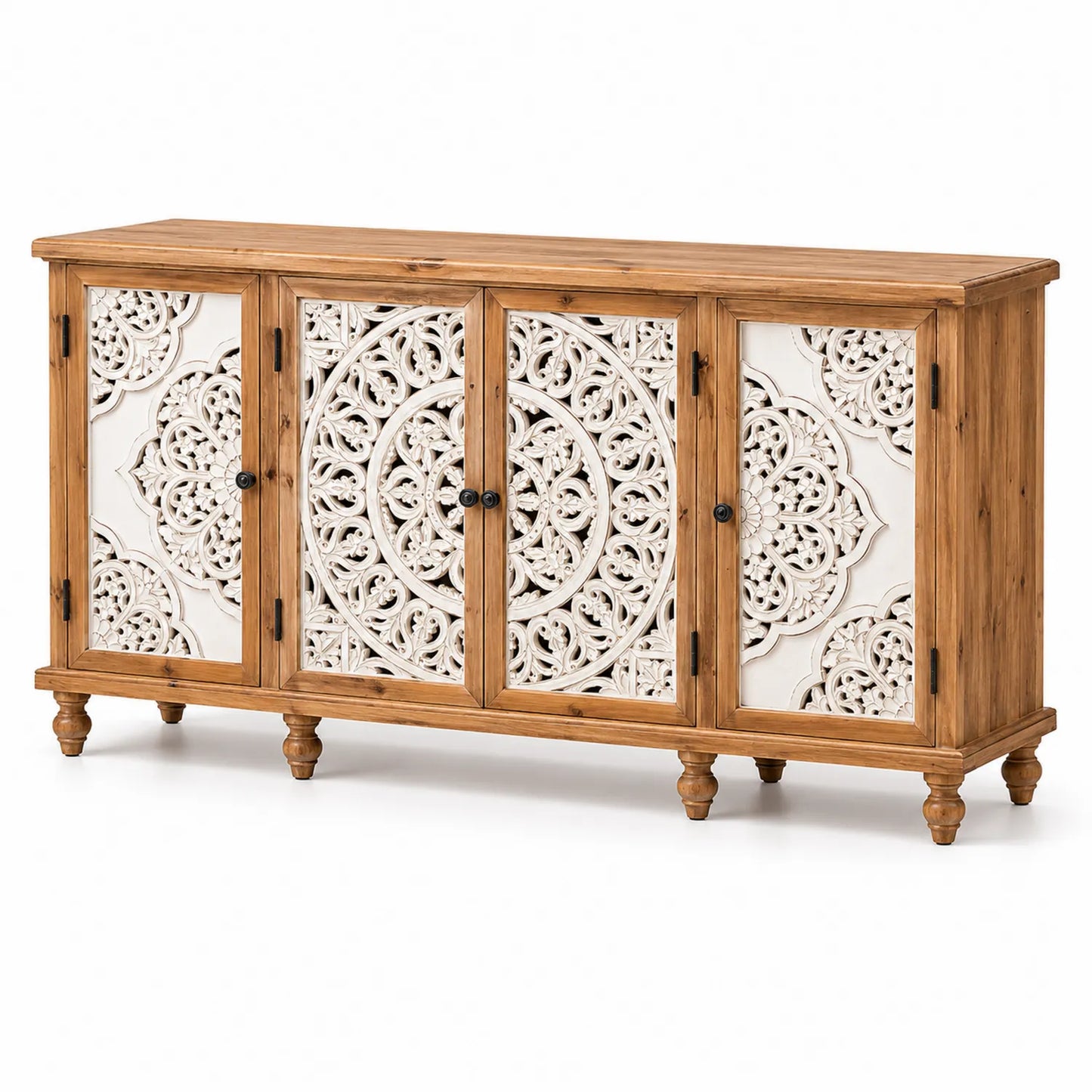 Aparador de madera de acacia con paneles tallados 150x40x90 cm
