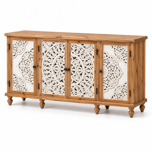 Aparador de madera de acacia con paneles tallados 150x40x90 cm