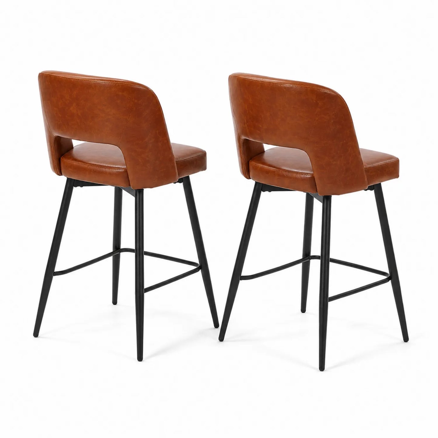 Taburetes de bar de cuero sintético marrón y patas metálicas negras, set de 2