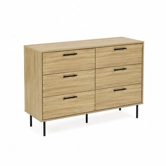 Cómoda de Madera Aglomerada con 6 Cajones y Patas Metálicas 130x40x80cm Roble Claro