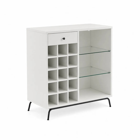 Mueble bar de madera con estantes de vidrio y compartimentos para botellas
