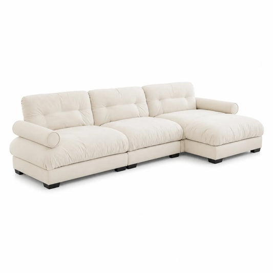 Sofá Seccional de 3 Plazas con Chaise Longue de Poliéster Beige