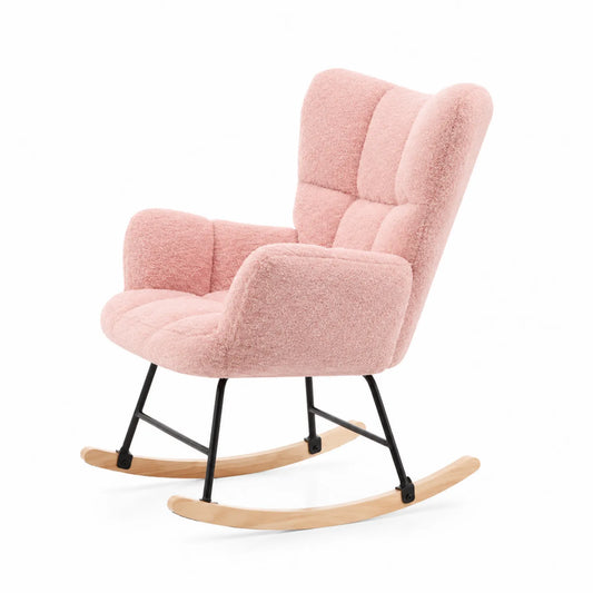 Silla mecedora de poliéster rosa con estructura de metal y base de madera