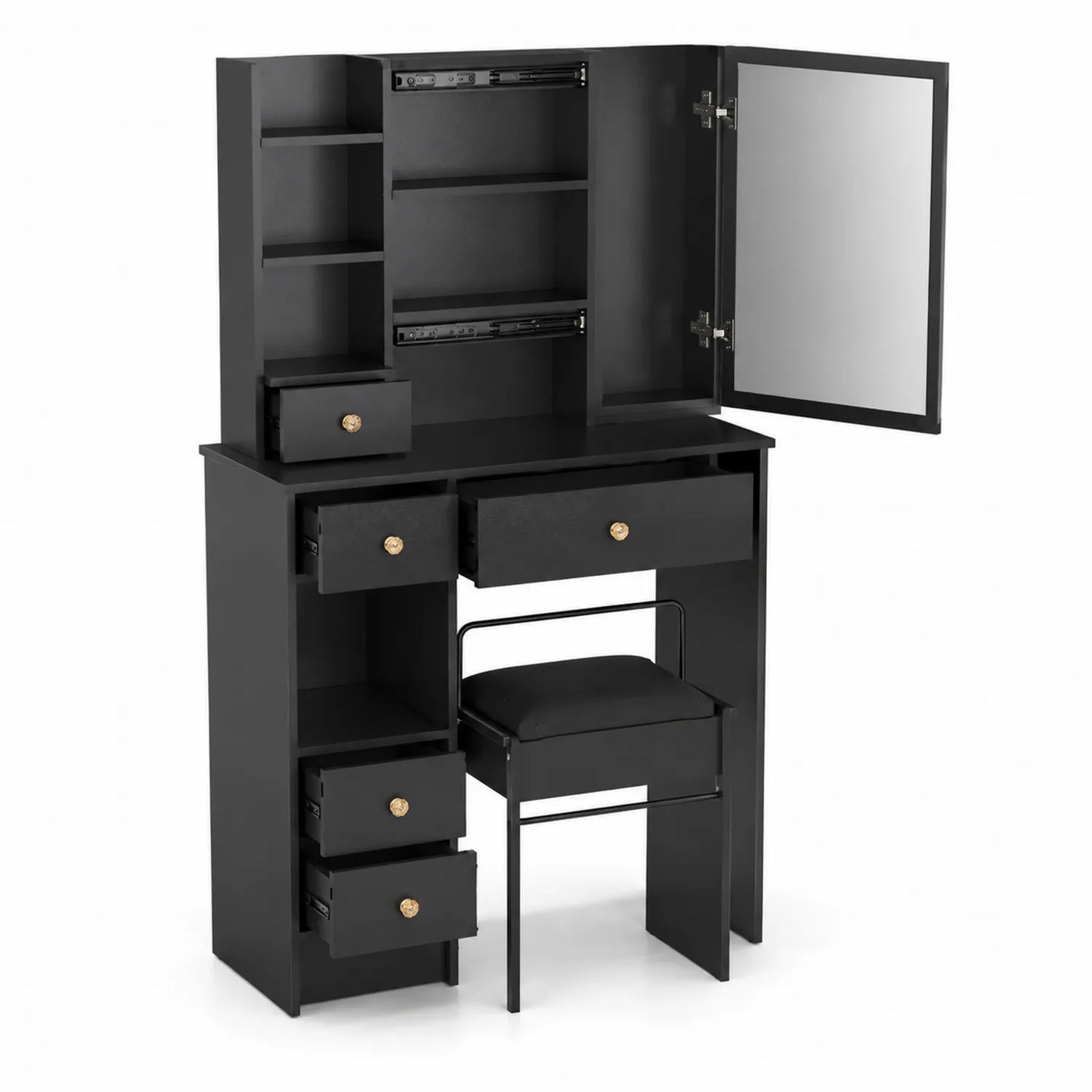 Tocador de MDF Negro con Espejo y Asiento Acolchado