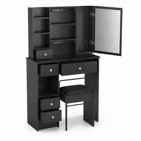 Tocador de MDF Negro con Espejo y Asiento Acolchado