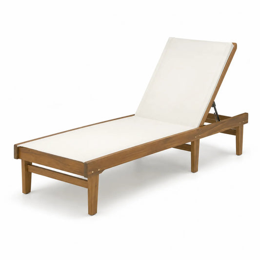 Tumbona de madera de acacia con tela de poliéster blanca