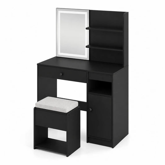 Tocador de Madera con Espejo y Taburete Negro
