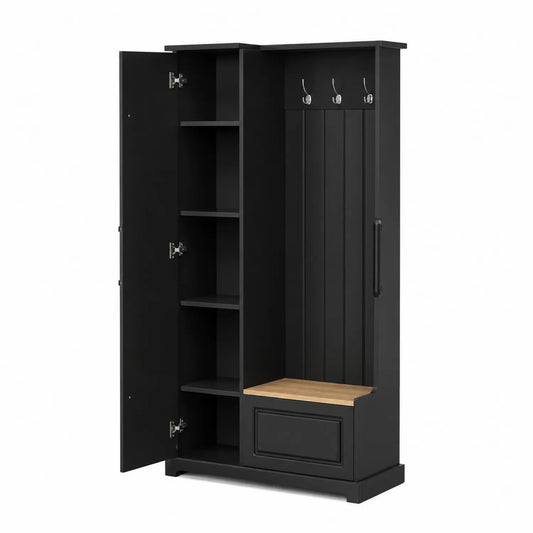 Armario de Madera con Perchero y Banco Negro