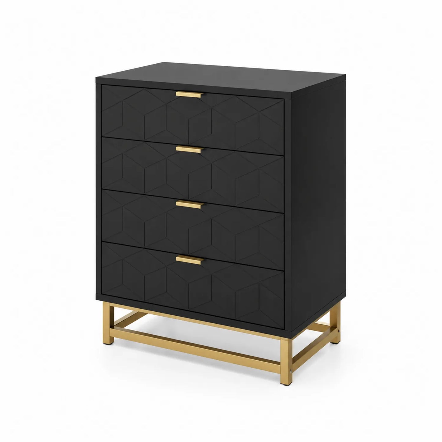 Cajonera de MDF Negro con 4 Cajones y Base de Acero Inoxidable Dorado