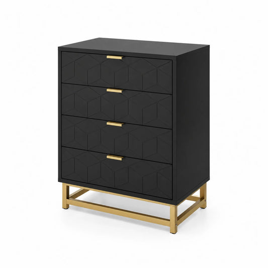 Cajonera de MDF Negro con 4 Cajones y Base de Acero Inoxidable Dorado