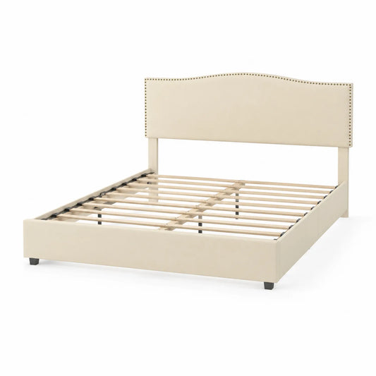 Cama tapizada con cabecero de poliéster beige 200x160 cm