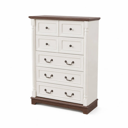 Cómoda de Madera con 6 Cajones Blanco y Nogal