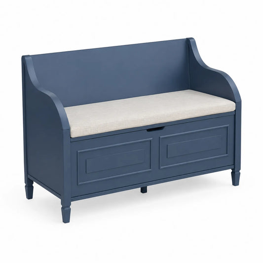 Banco de madera azul con cojín de lino beige