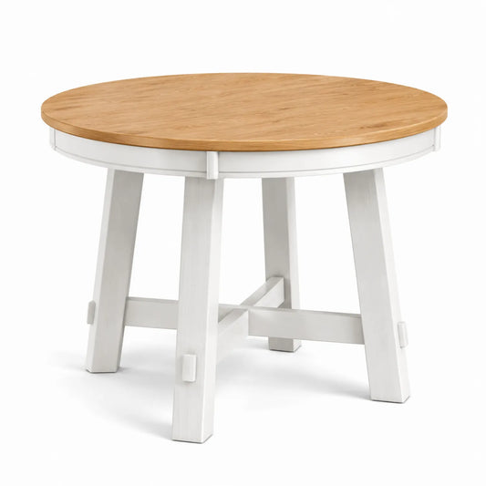 Mesa redonda de madera maciza y MDF blanco