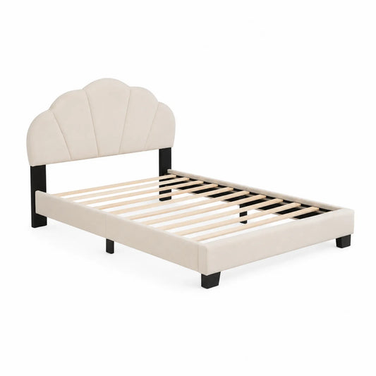 Cama de matrimonio con cabecero en forma de concha beige 200x160 cm
