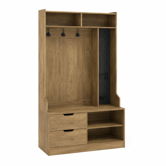 Perchero de madera con cajones y ganchos 180x100x40 cm