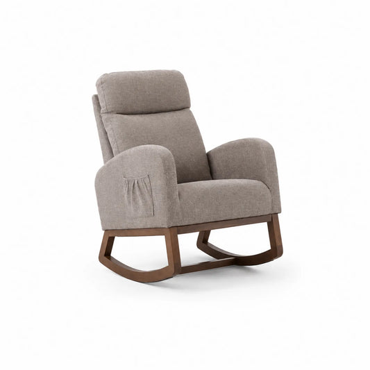 Sillón mecedor de madera con tela gris
