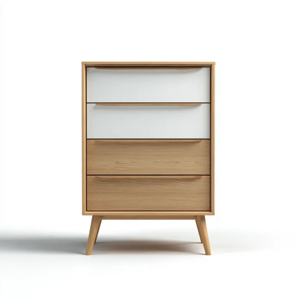Chest of Drawers Wooden 80x40x120 cm - White/Oak - Mid-Century Modern Design
