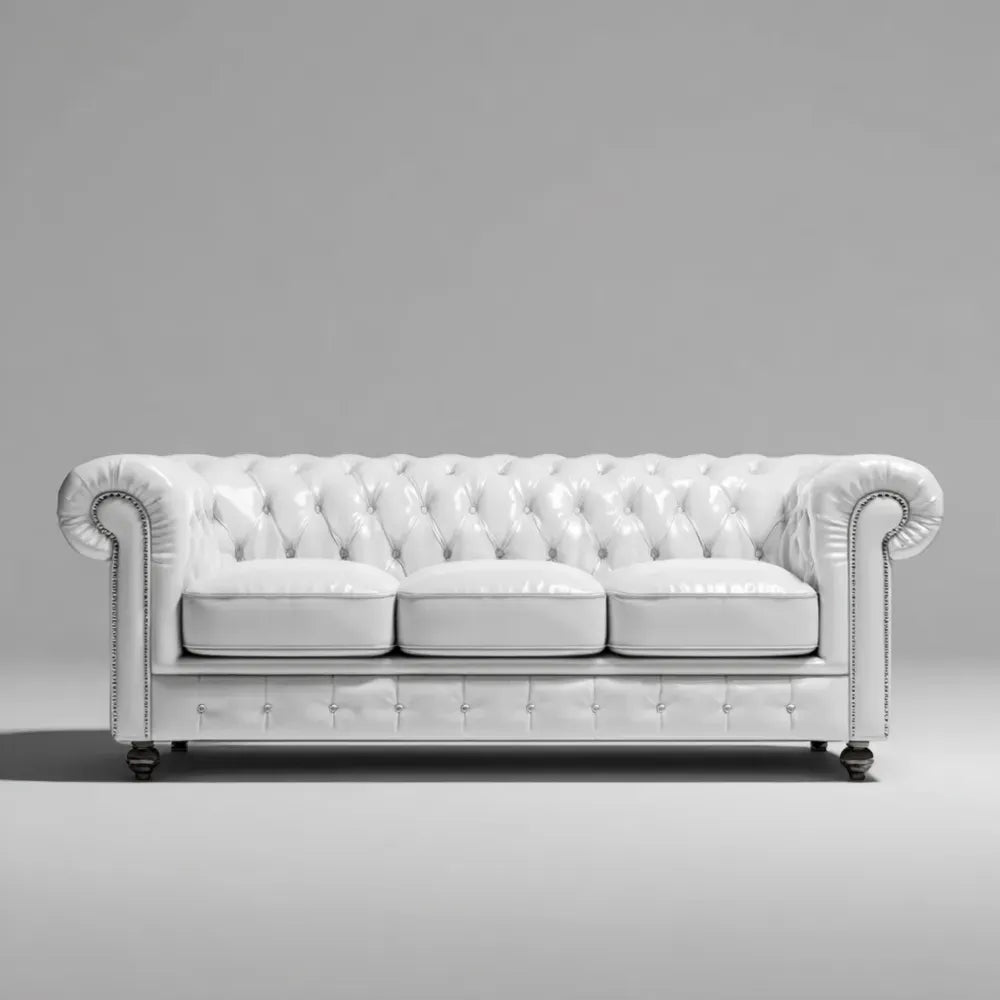 Chesterfield Sofa Leather Upholstery 220x90x75 cm - White - Classic Design