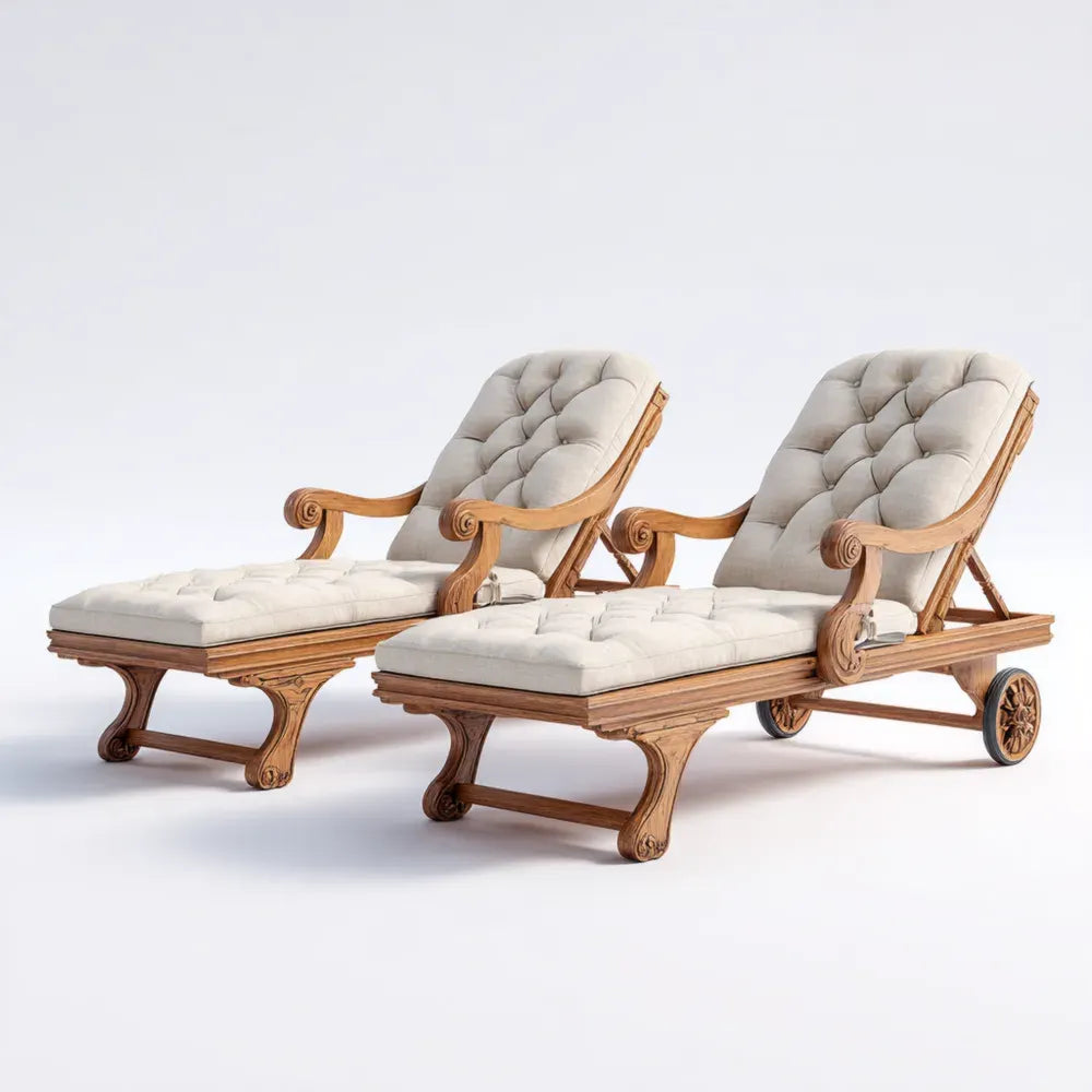 Wooden Patio Recliners Set 200 cm x 70 cm x 100 cm with Cushions - Outdoor Furniture - Beige - Traditional Style