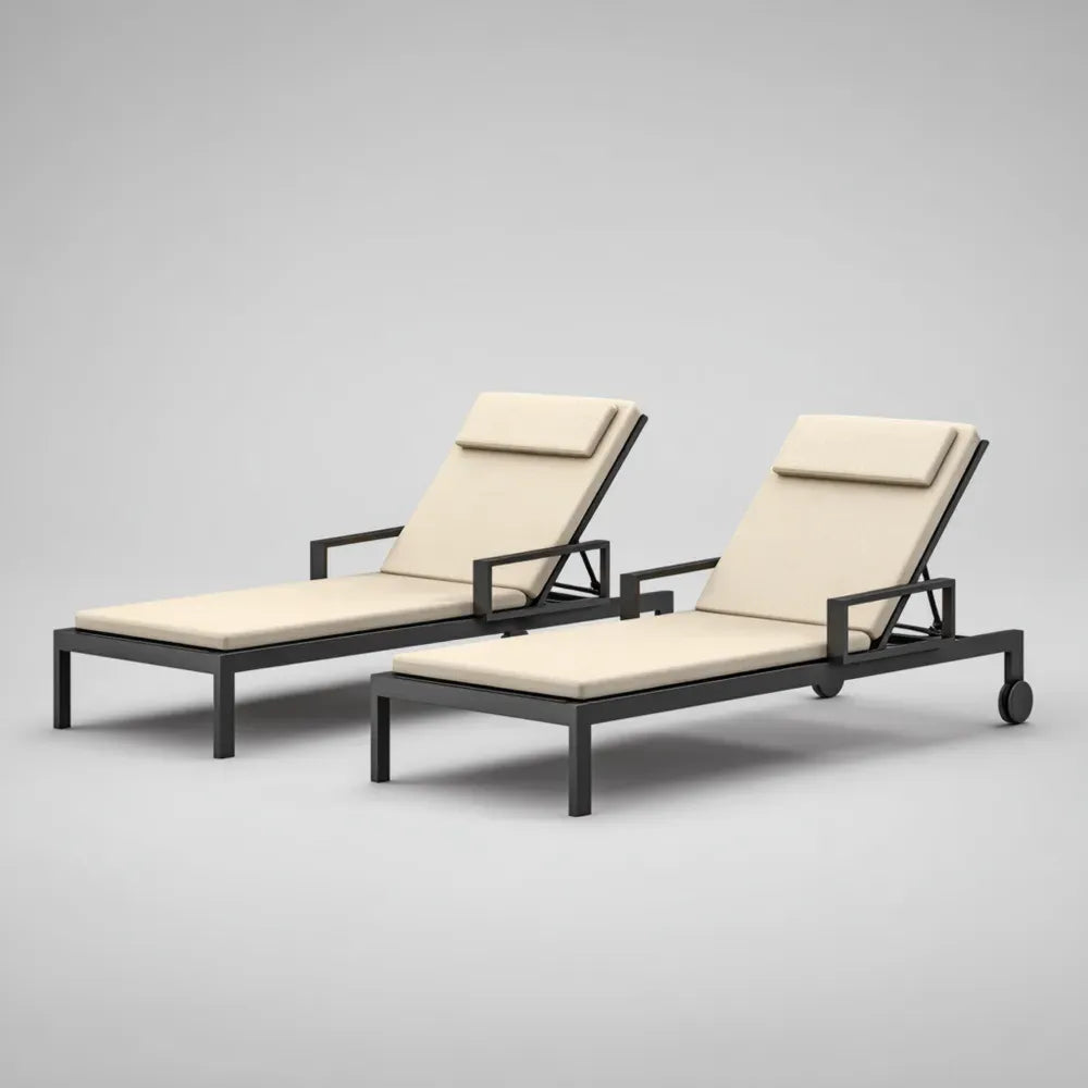 Outdoor Patio Recliner Set 200cm x 75cm x 35cm - Metal Frame and Cream Cushions