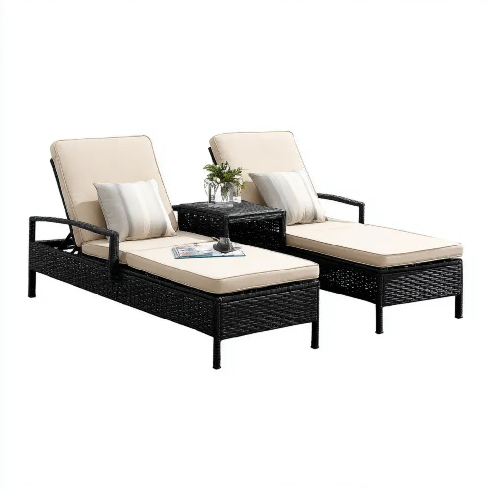 Patio Recliner Set 200cm x 60cm x 35cm - Wicker Frame Beige Cushions with Black Finish and Side Table