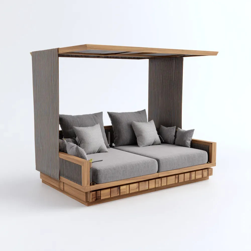 Outdoor Patio Recliner Canopy Daybed - 200x150x180 cm Teak Frame Grey Cushions Modern Design